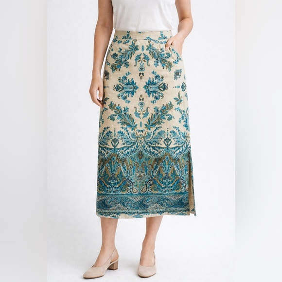 Norton McNaughton Dresses & Skirts - Linen Blend Paisley Midi Skirt High Waist Back Slit Size 12 Blue Tan